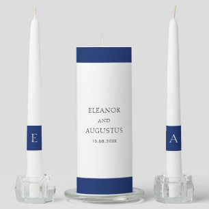 Minimal Navy Blue Monogram Elegant Classic Wedding Unity Candle Set