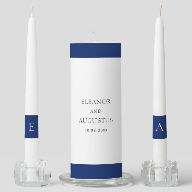 Minimal Navy Blue Monogram Elegant Classic Wedding Unity Candle Set (Front)