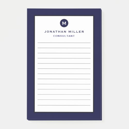 Minimal Navy Blue Monogram Lined Post_it Notes