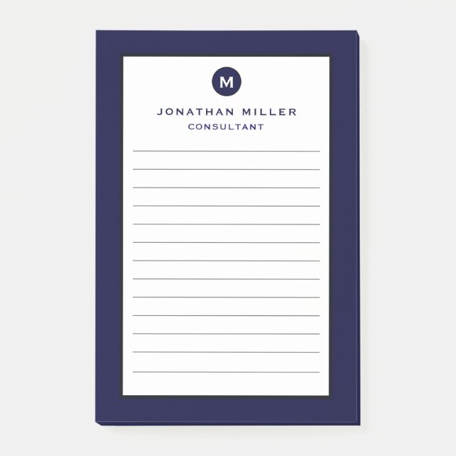 Minimal Navy Blue Monogram Lined Post-it Notes (Front)