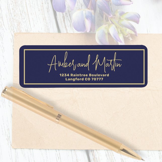 Minimal Navy Blue Script Gold Border Address Label (Creator Uploaded)