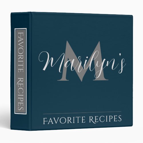 Minimal Navy Blue Script Monogram Recipe Cookbook 3 Ring Binder