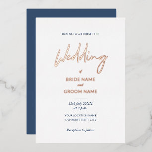 Minimal Navy Blue Script Wedding Foil Invitation