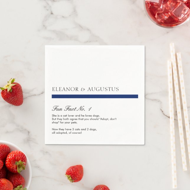Minimal Navy Blue Simple Modern Fun Facts Wedding Napkins (Insitu)