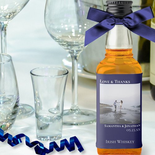 Minimal Navy Blue Wedding Photo Love  Thanks Mini Liquor Bottle Label
