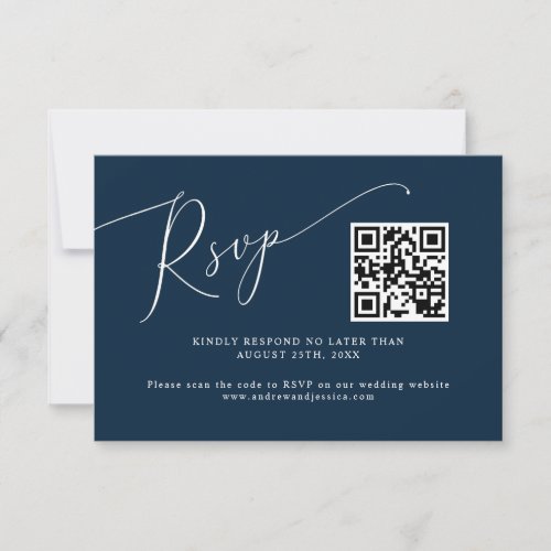 Minimal Navy Blue Wedding QR Code  RSVP Card