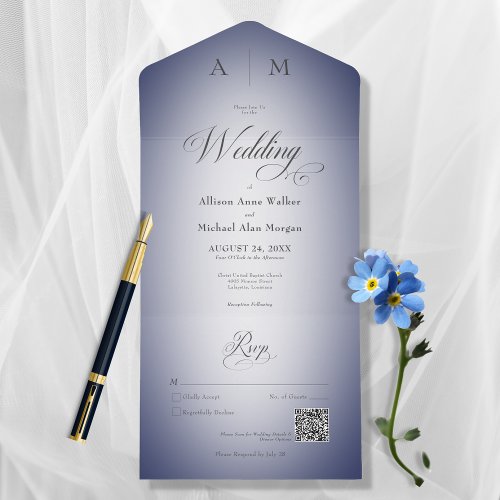 Minimal Navy Blue  White Blur Modern QR Code All In One Invitation