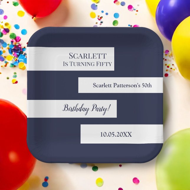 Minimal Navy Blue White Elegant Chic 50th Birthday Paper Plates (Creator Uploaded)