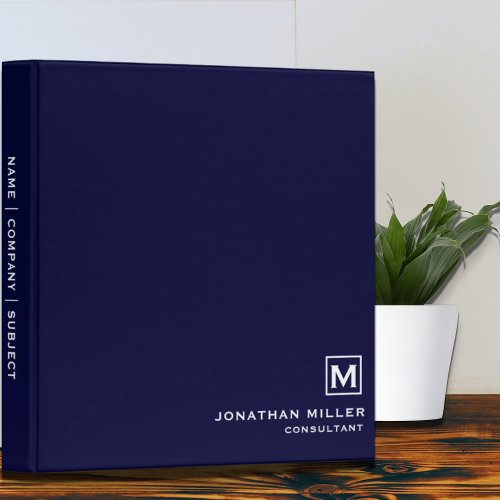 Minimal Navy Blue White Monogram 3 Ring Binder