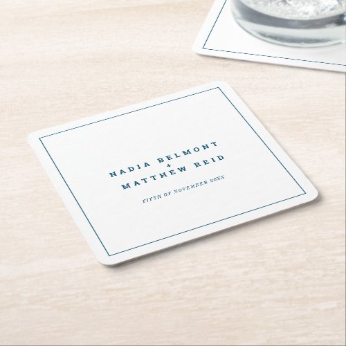 Minimal navy blue white simple outline wedding square paper coaster