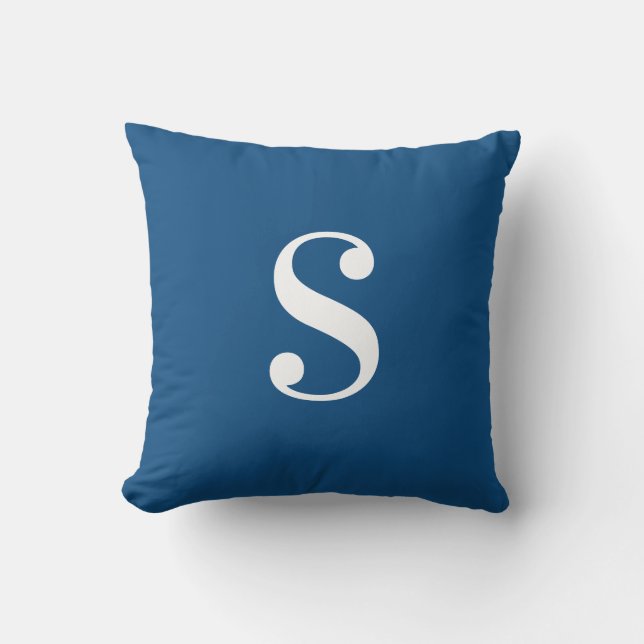 Minimal Navy Blue with Large White Monogram Throw Pillow (Front)