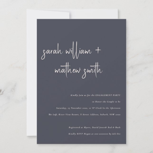 Minimal Navy Blush Black Modern Script Engagement Invitation (Front)