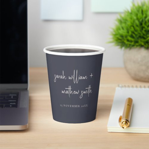 Minimal Navy Blush Black Script Typography Wedding Paper Cups