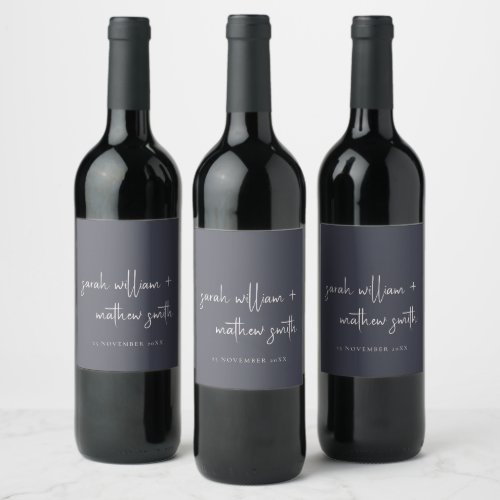 Minimal Navy Blush Black Script Typography Wedding Wine Label
