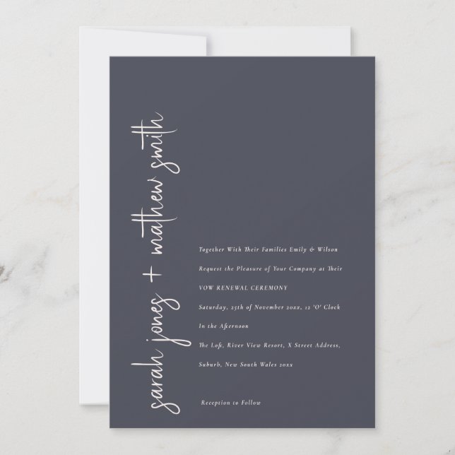 Minimal  Navy Blush Black Script Vow Renewal Invitation (Front)