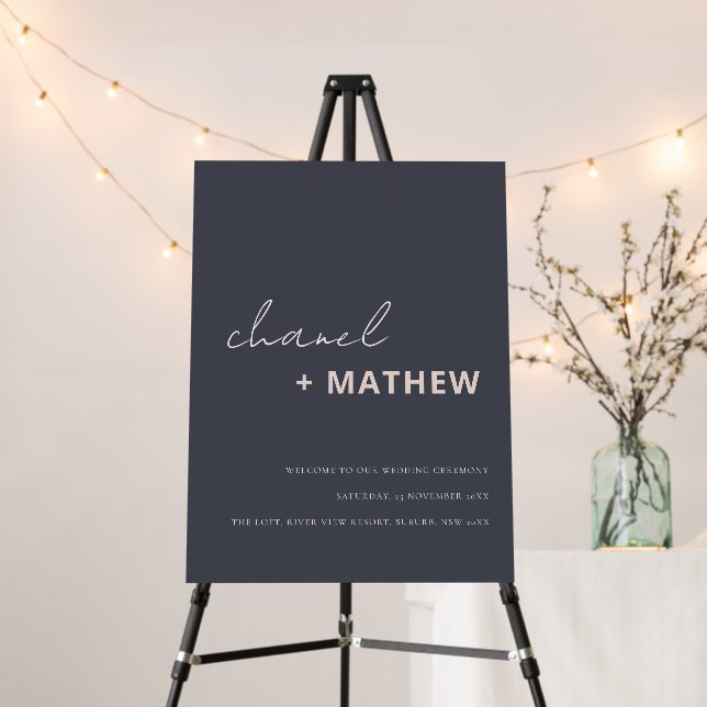 Minimal Navy Blush Black Script Wedding Welcome Foam Board (In Situ (Stand))
