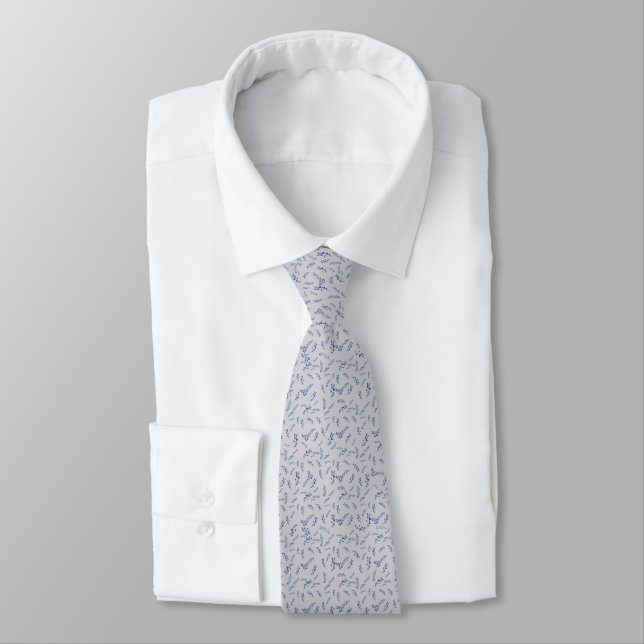 Minimal Navy Botanical Pattern on Light Gray Neck Tie (Tied)