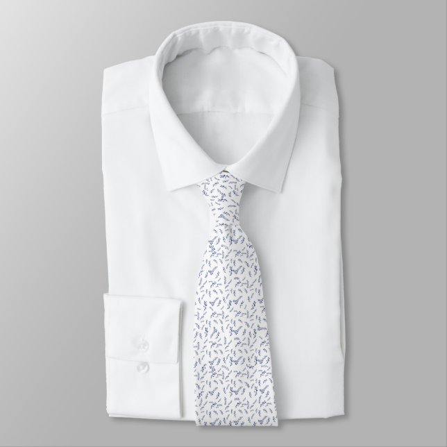 Minimal Navy Botanical Pattern on White Neck Tie (Tied)