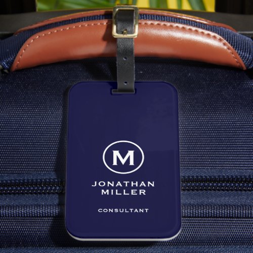 Minimal Navy Classic Typographic Monogram Luggage Tag