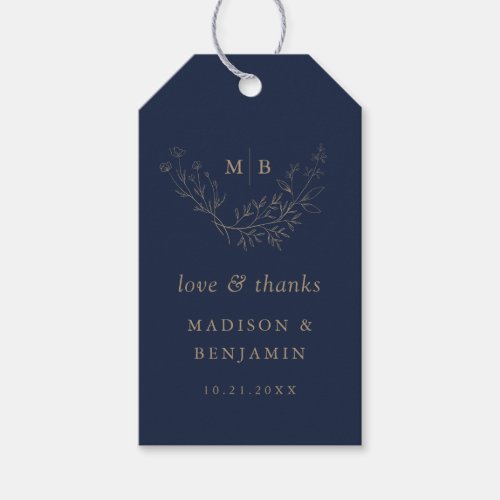 Minimal Navy Gold Botanical Monogram Wedding Gift Tags