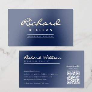 Minimal Navy & Gold Lawyer Accountant QR Code Foil Business Cards