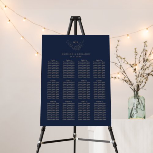 Minimal Navy Gold Monogram Wedding Seating Chart Foam Board