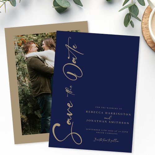 Minimal Navy Gold Photo Wedding Save The Date Card