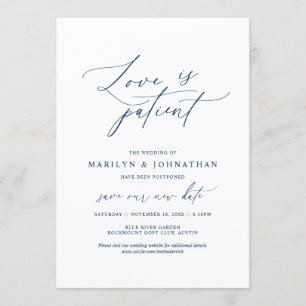 Minimal Navy, Love is patient, wedding postponed Invitation