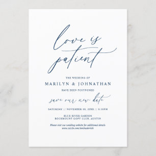 Minimal Navy, Love is patient, wedding postponed Invitation