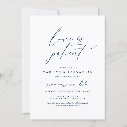 Minimal Navy Love is patient wedding postponed Invitation