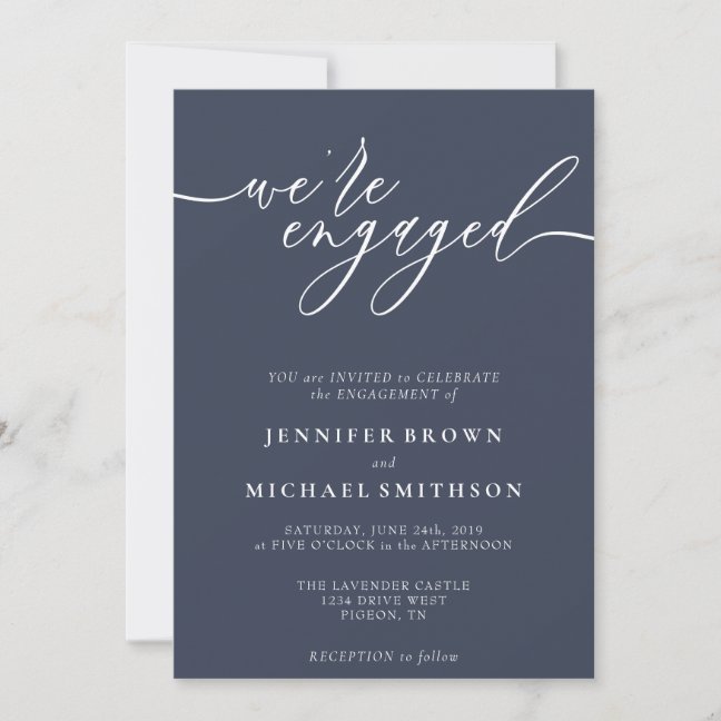 Minimal Navy Modern we are engaged Invitation