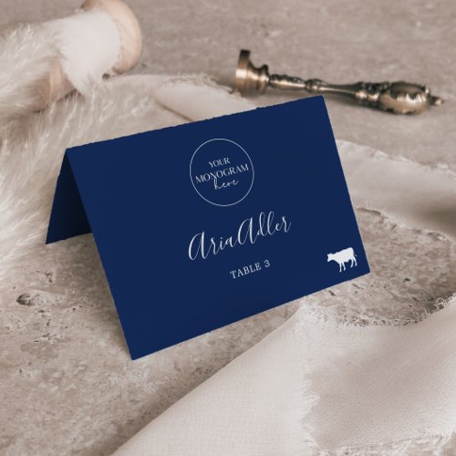 Minimal Navy Monogram Beef Meal Option Place Cards