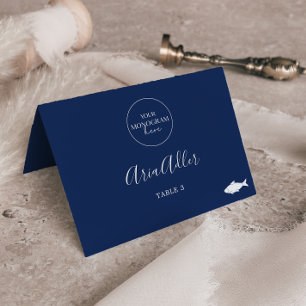 Minimal Navy Monogram Fish Meal Option Place Cards
