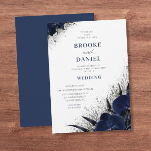 Minimal Navy Orchid Silver Sparkle Wedding Invitation