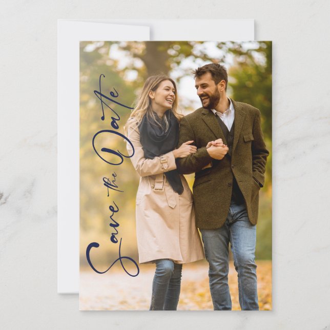 Minimal Navy Photo Wedding Save The Date Card (Front)