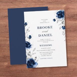 Minimal Navy Rose Silver Branch Wedding Invitation