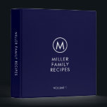 Minimal Navy Stylish Family Monogram Recipe 3 Ring Binder<br><div class="desc">Modern recipe binder features a minimalist design in a classic navy blue and white color palette. Personalized family name presented in the center in stylish simple font with a complimentary minimal monogram medallion. Shown with a custom name and monogram initial on the front in modern typography, this personalized family recipe...</div>