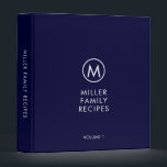 Minimal Navy Stylish Family Monogram Recipe 3 Ring Binder<br><div class="desc">Modern recipe binder features a minimalist design in a classic navy blue and white color palette. Personalized family name presented in the center in stylish simple font with a complimentary minimal monogram medallion. Shown with a custom name and monogram initial on the front in modern typography, this personalized family recipe...</div>