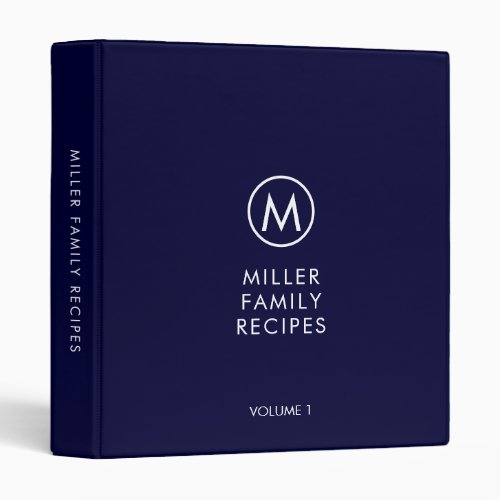 Minimal Navy Stylish Family Monogram Recipe 3 Ring Binder