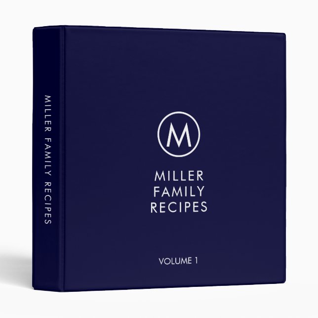 Minimal Navy Stylish Family Monogram Recipe 3 Ring Binder (Front/Spine)