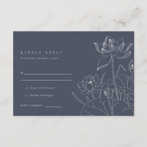 Minimal Navy Waterlily Floral Sketch Wedding RSVP Enclosure Card