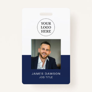 Minimal Navy & White Office Employee Photo ID QR Badge