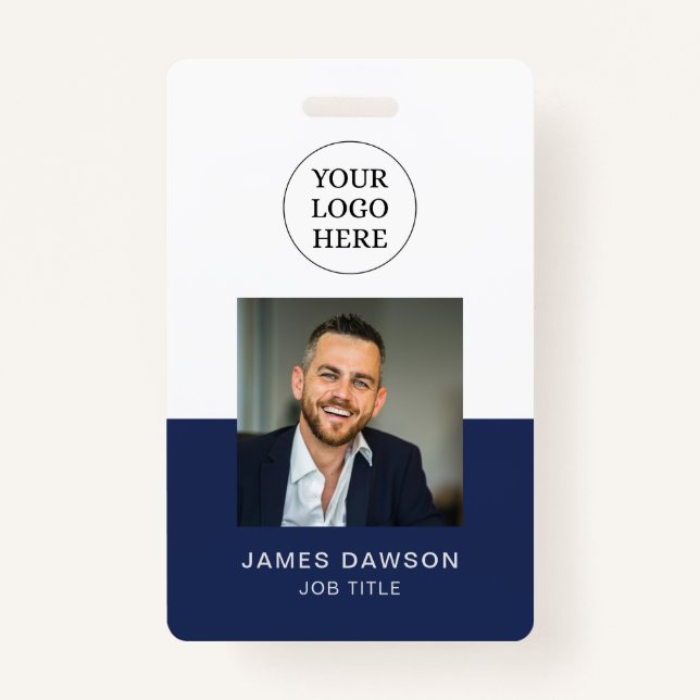 Minimal Navy & White Office Employee Photo ID QR Badge (Front)