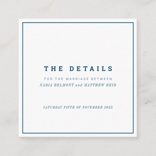 Minimal navy white square wedding details enclosure card (Front)