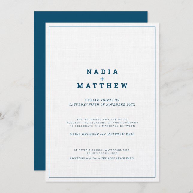 Minimal navy white vertical text wedding invitation (Front/Back)