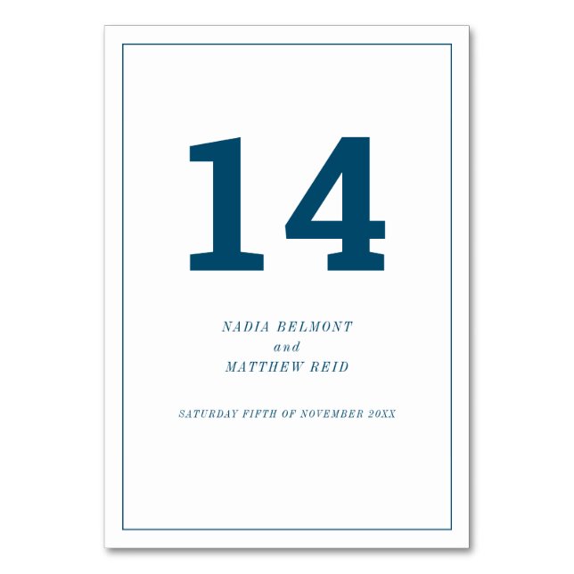 Minimal navy white vertical text wedding or event table number (Front)