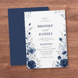 Minimal Navy Wildflower Silver Glitter Wedding Invitation