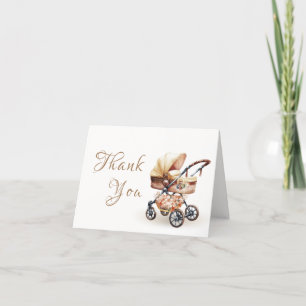 Minimal Neutral Boho Floral Stroller Baby Shower Letterpress Thank You Card