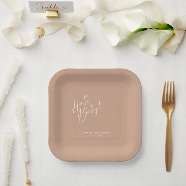 Minimal Neutral Modern Baby Shower Square Paper Plates (Wedding)