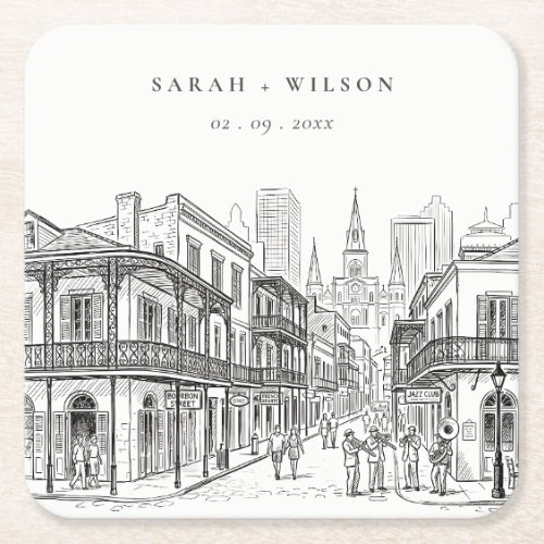 Minimal New Orleans Louisiana Sketch Wedding Square Paper Coaster